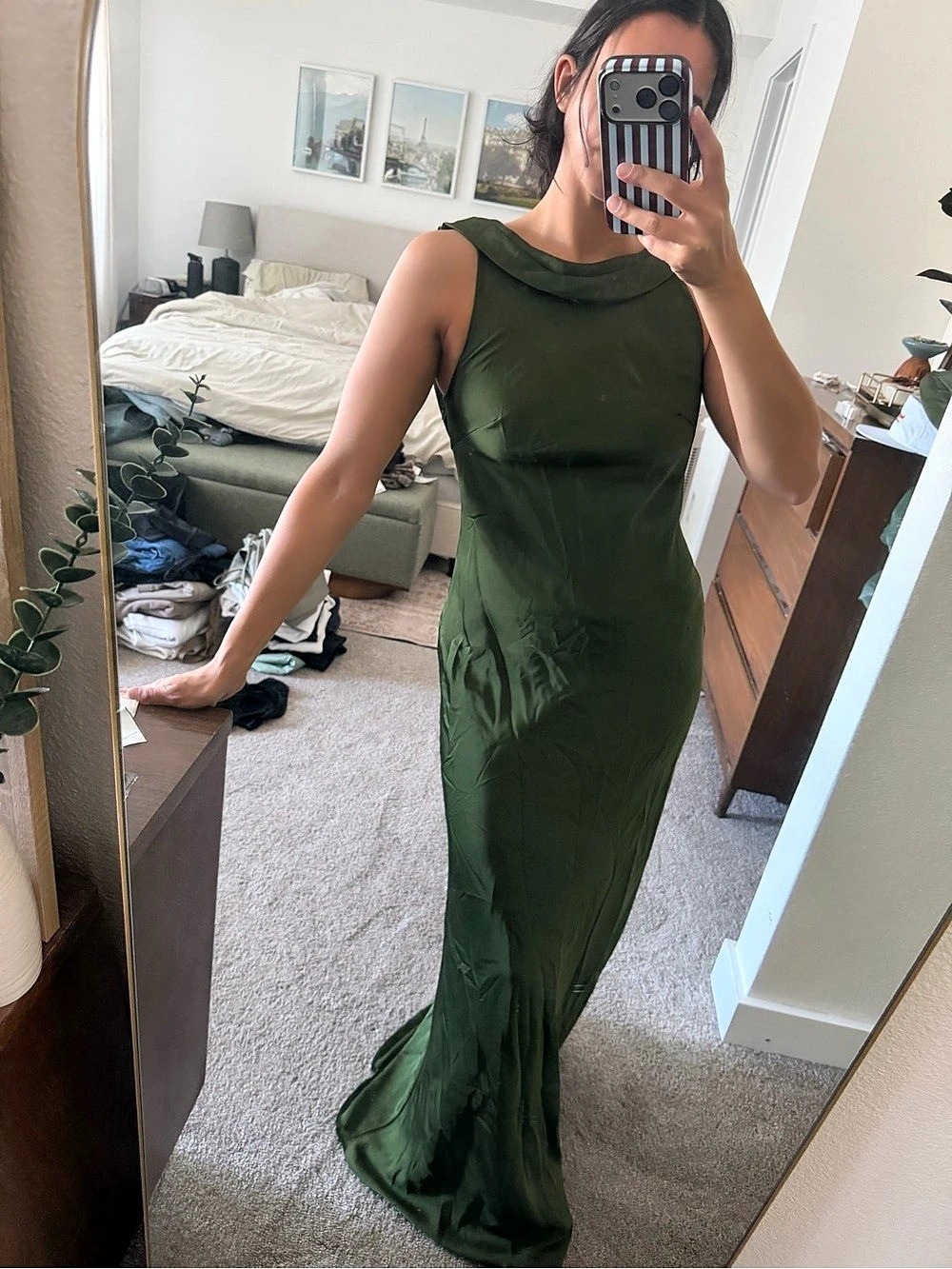 Azazie Olive Green Satin Cowl Aussie Bridesmaid Dress - A2